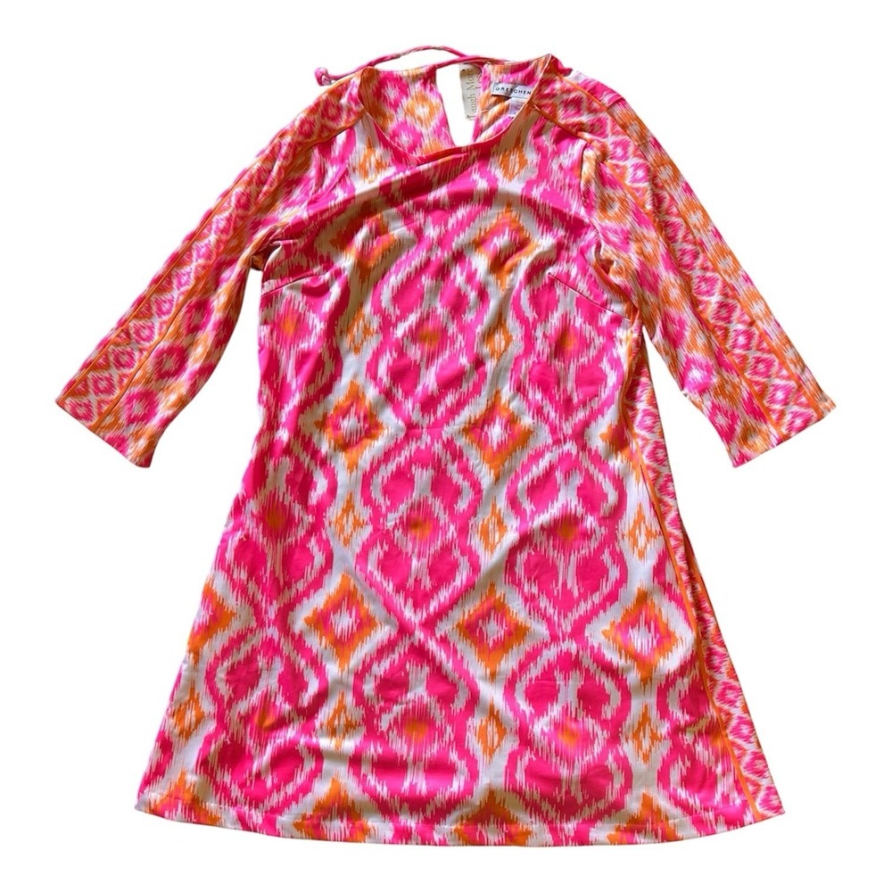 Gretchen Scott Jersey Dress Ikat Print Pink Orange White Pockets L - Picture 2 of 8